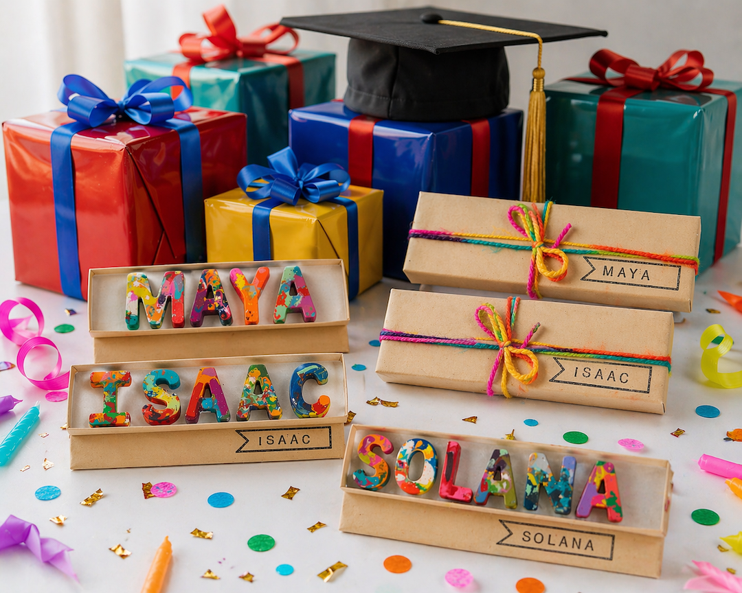 Graduation gift display with colorful wrapped presents, graduation cap, and personalized rainbow name crayon boxes for Maya, Isaac, and Solana on a festive table.