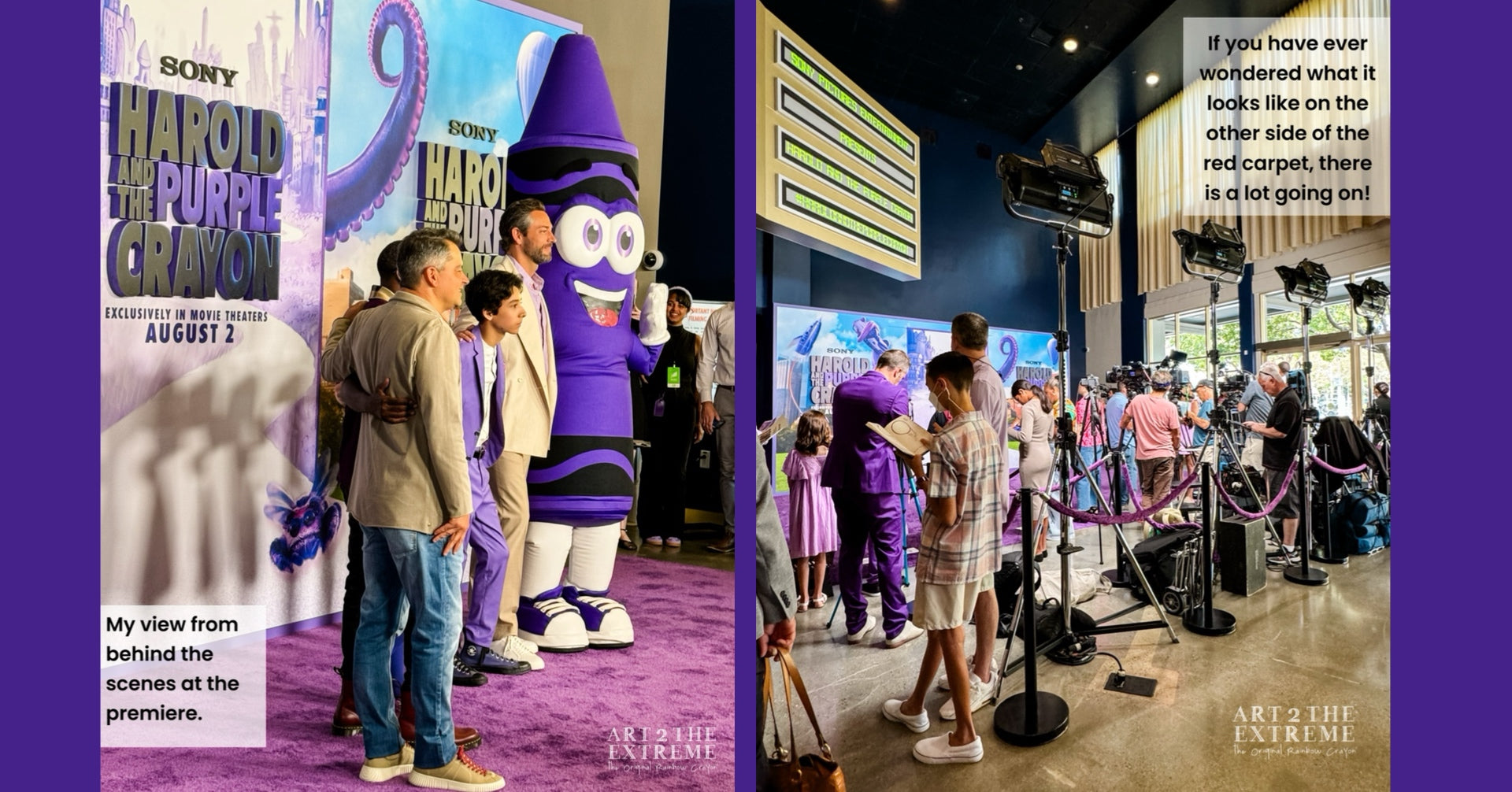 Promotional red carpet event for 'Harold the Purple Crayon' with the cast, interviewers, and a purple crayon mascot character.