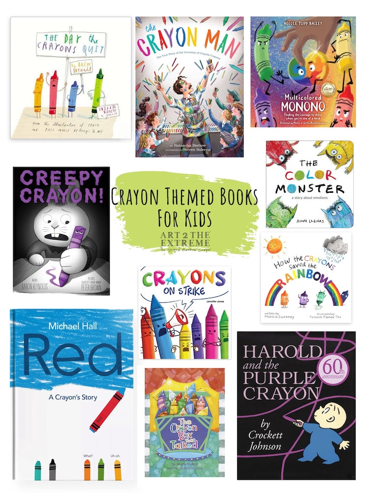 Collage of crayon-themed children's books on a white background