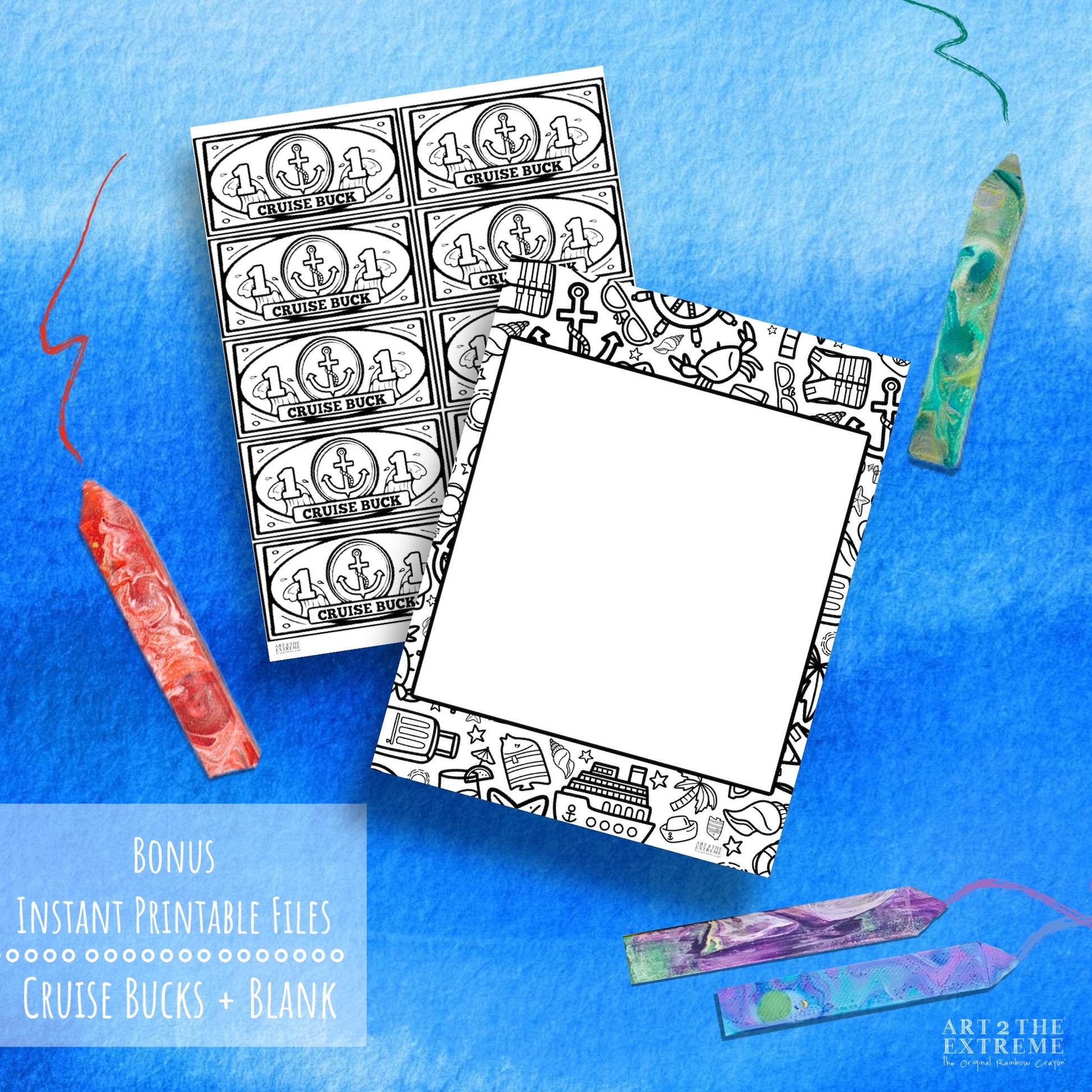 Image of two worksheets on a blue background.  Instant cruise printable activity for kids - Cruise Bucks and a black cruise drawing page. 