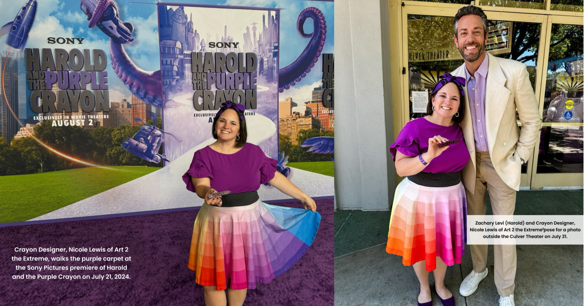 Promotional poster for 'Harold and the Purple Crayon' with crayon designer and Art 2 the Extreme founder, Nicole Lewis posing in front in rainbow skirt. A second image of Nicole Lewis with celebrity, Zachary Levi holding a handmade purple crayon.