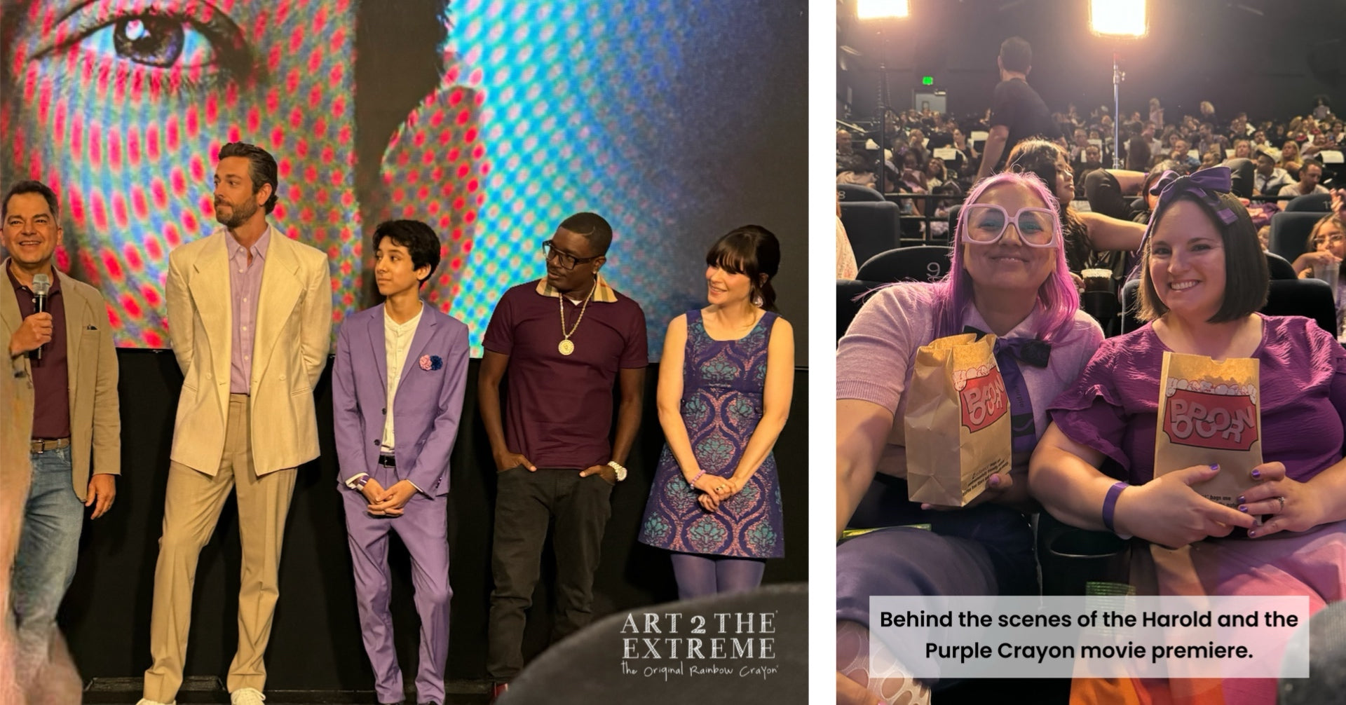 Cast of Harold and the Purple Crayon movie on a stage with a colorful backdrop, followed by two people sitting together with text about attending the movie premiere.