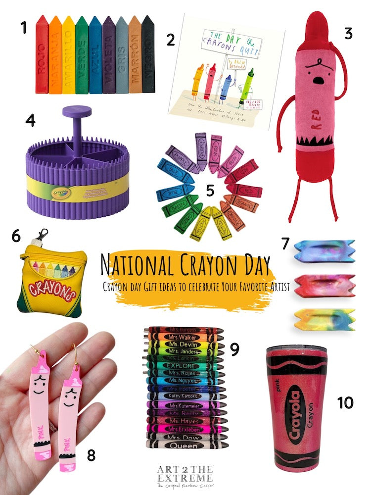 Collage of various crayon-themed products with a 'National Crayon Day' banner.
