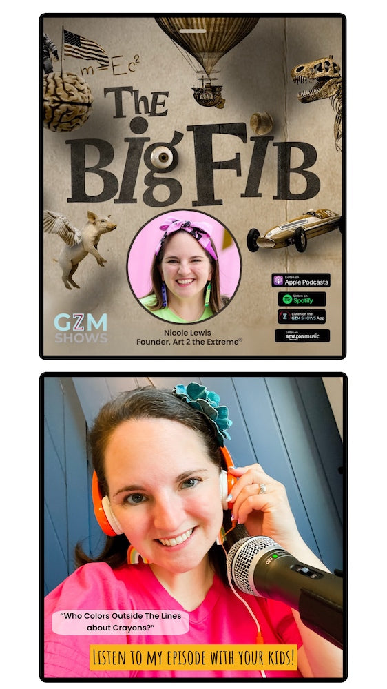 Promotional image for The Big Fib podcast featuring Nicole Lewis, founder of Art 2 the Extreme®, shown as a crayon expert guest. The image includes podcast artwork and a photo of Nicole wearing headphones and speaking into a microphone, inviting families to listen to the crayon-themed episode with kids.