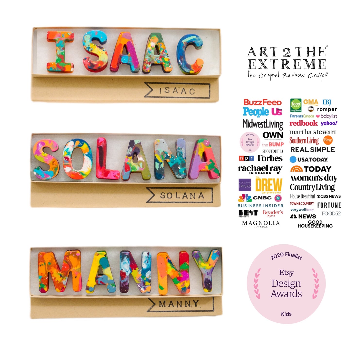 Personalized crayon names featuring Multi-colored crayons in ABC shapes. Crayon shop, Art 2 the Extreme, creates custom crayons in any name! Each crayon letter is easy to hold and features an array of bright colors, which blend together in endless combinations as you create your masterpiece, perfect for the child who has everything, not that authentic Crayola crayon label!
